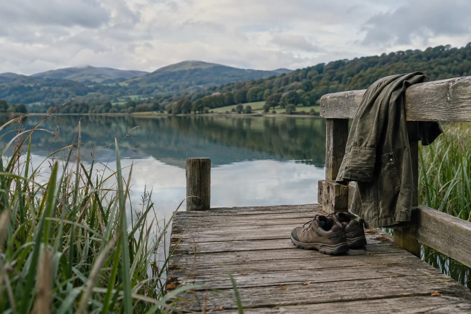 A quiet lakeside jetty, a walking jacket, and a pair of shoes